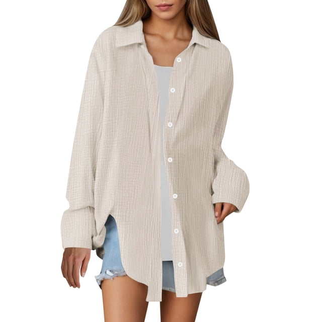 Camisa oversize lisa para mujer: prenda informal de corte holgado y tejido transpirable, cómoda para el día a día y las salidas informales.