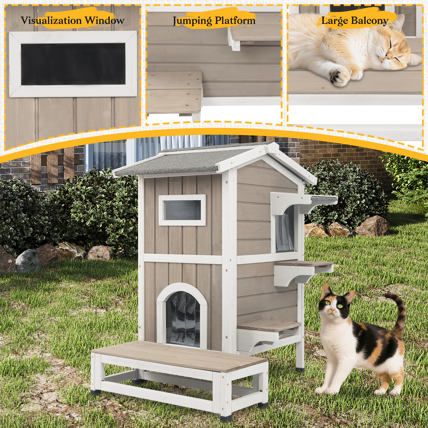 PETSCOSSET Insulated Outdoor Cat House Two-Story Thermal Cat Shelter with Platform