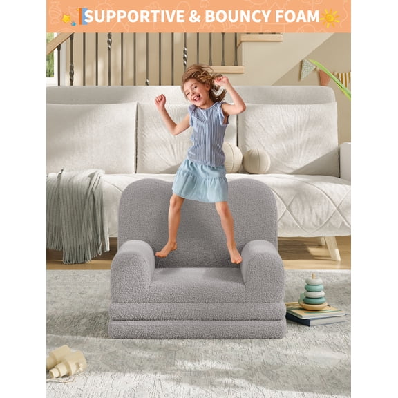 2-in-1 Convertible Kids Sofa Chair with Fleece Toddler Couch Lounger Bed, Fold Out Sofa for Children Playroom and Nursery Birthday Gift Gray
