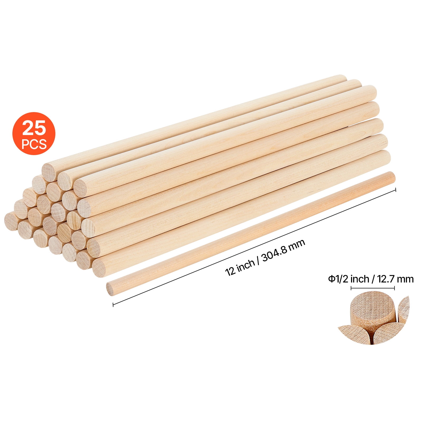 VEVOR 25Pcs Wooden Dowel Rods 1/2 x 12 Inch Natural Birch Wood Sticks Dowels, Unfinished Hardwood Sticks for Craft and DIY Projects, One-Piece Cutting & Smooth Surface & Easy to Color and Paint