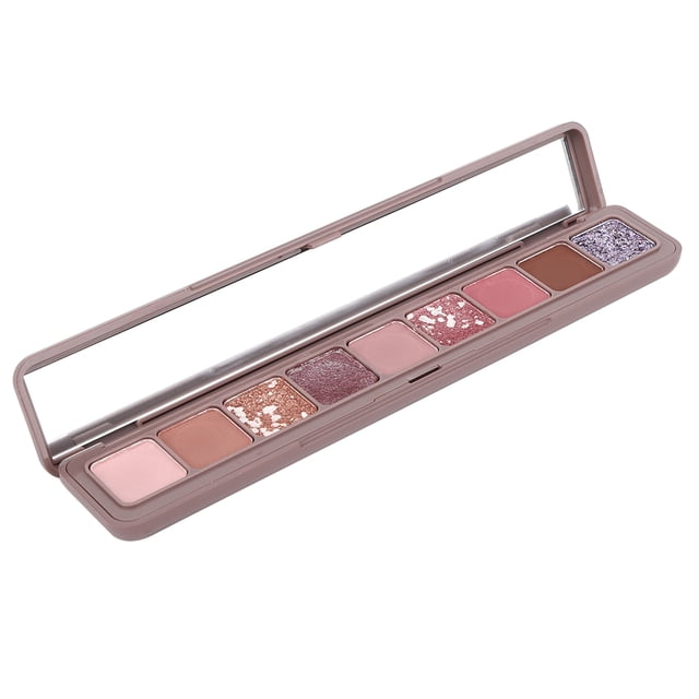 sombra de ojos compacta sombra de ojos teclado sombra de ojos mate pigmento de sombra de ojos 9color matte glitter soft nude eyeshadow compact earth tone cosmetics 13.5g Paleta alargada abierta vista 3/4 con espejo interior; nueve sombras rectangulares en acabados mate y glitter, tonos tierra y nude desde crema y rosa pálido hasta marrón y violeta en estuche beige claro. A menudo usada para crear looks ahumados y añadir puntos de brillo sutiles.