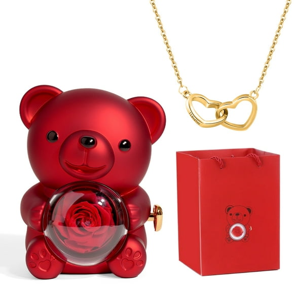 Boîte Ours avec Cœur Boîte de Collier Je t'Aime et Fleurs Éternelles Rose Cadeaux d'Anniversaire pour Elle Maman Épouse Blonde Grand-Maman pour la Saint-Valentin la Fête des Mères Noël