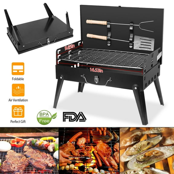 Moclever Portable BBQ Grill, Charcoal Grill 16.7x10x17.7in Foldable BBQ Grill for Outdoor Camping Picnic Garden Grilling, Black