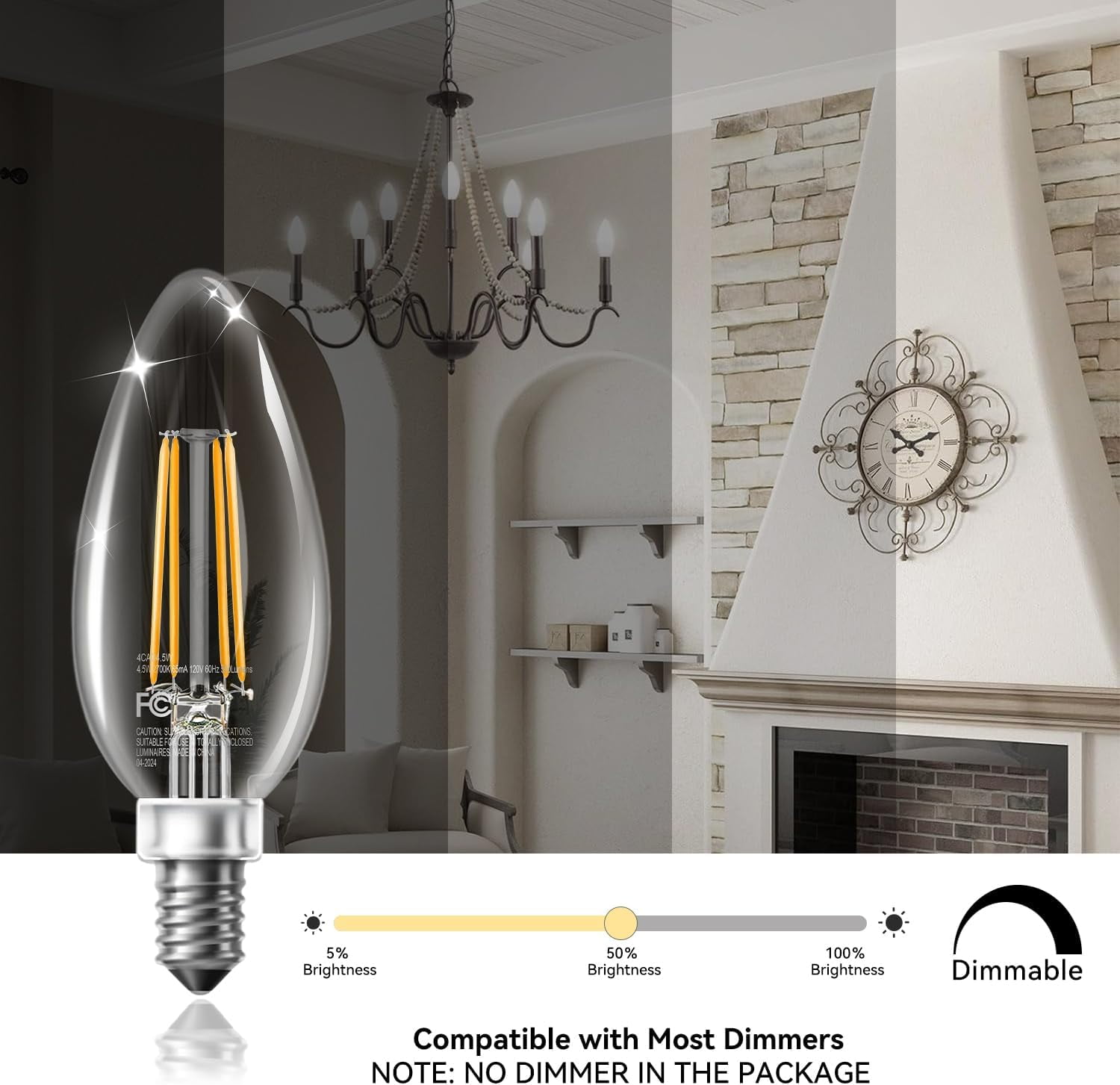 TJOY 12 Pack E12 Led Candelabra Bulbs 60W Equivalent, Dimmable Chandelier Light Bulbs, High Brightness 500 LM Warm White 2700K, B11 Filament Candle Light Bulbs, Clear Glass Style for Home
