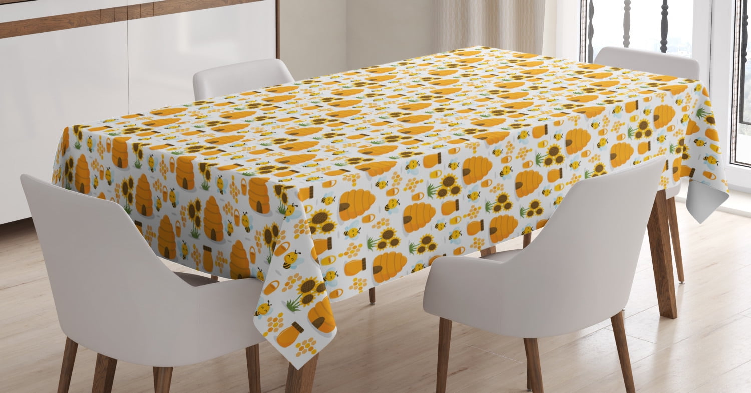 Bee Tablecloth, Happy Smiling Bumble Bees Theme with Honey Jars