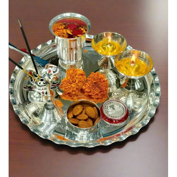 silver plated set of 9 pieces pooja thali set for housewarming pooja/ diwali/ festival