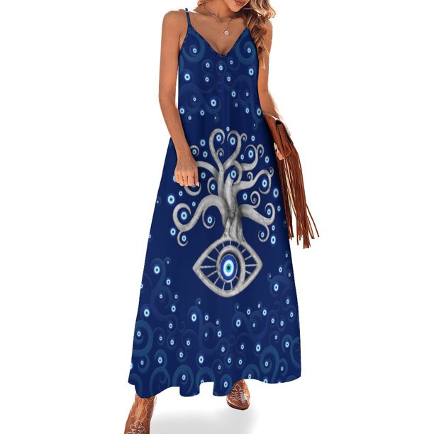 Vestido largo sin mangas con amuleto de mal de ojo y árbol, vestidos para mujer, vestidos para eventos especiales