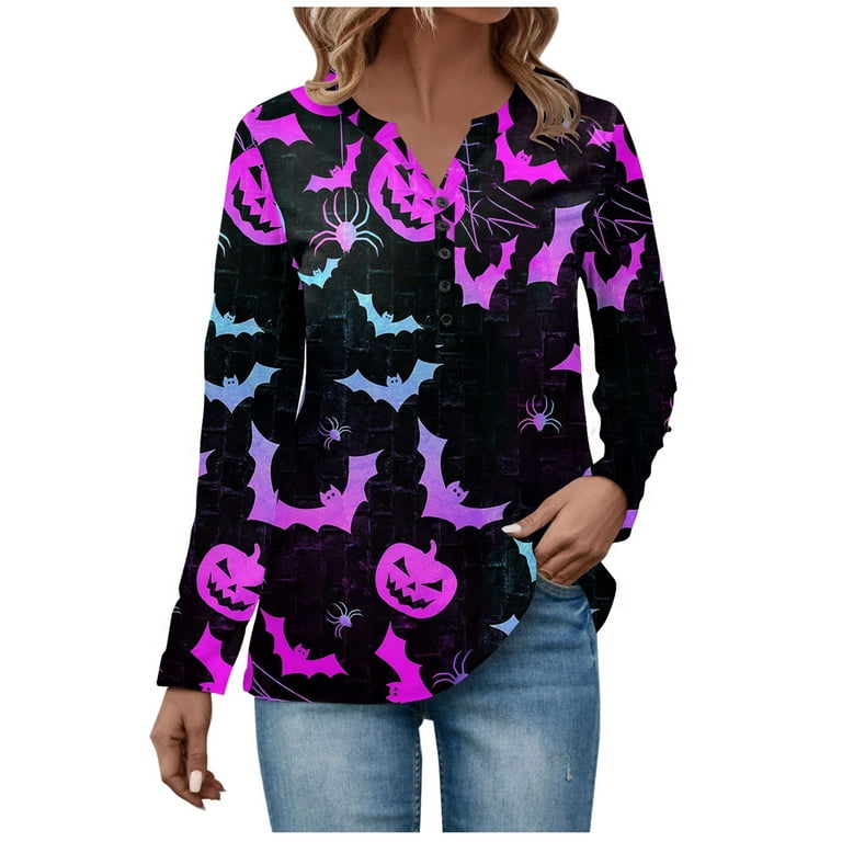 Sksloeg Womens Long Sleeve Tops Halloween Pumpkin Cat Bat Pattern Tunic  Cute Summer Tops for Women Long Sleeve V Neck Blouses & Button-Down  Shirts,Light Purple 2XL 