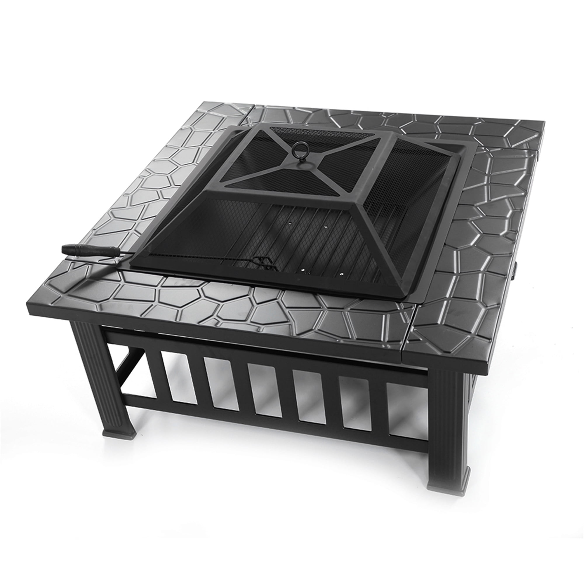 Outdoor Fire Stove, 32 Inch Portable Fire Pit with Mesh Lid, BBQ Grill, Grate and Poker, Square Metal Bonfire Wood Burning Fire Stove for Picnic, Party, Camping, Backyard, Lawn, D3664