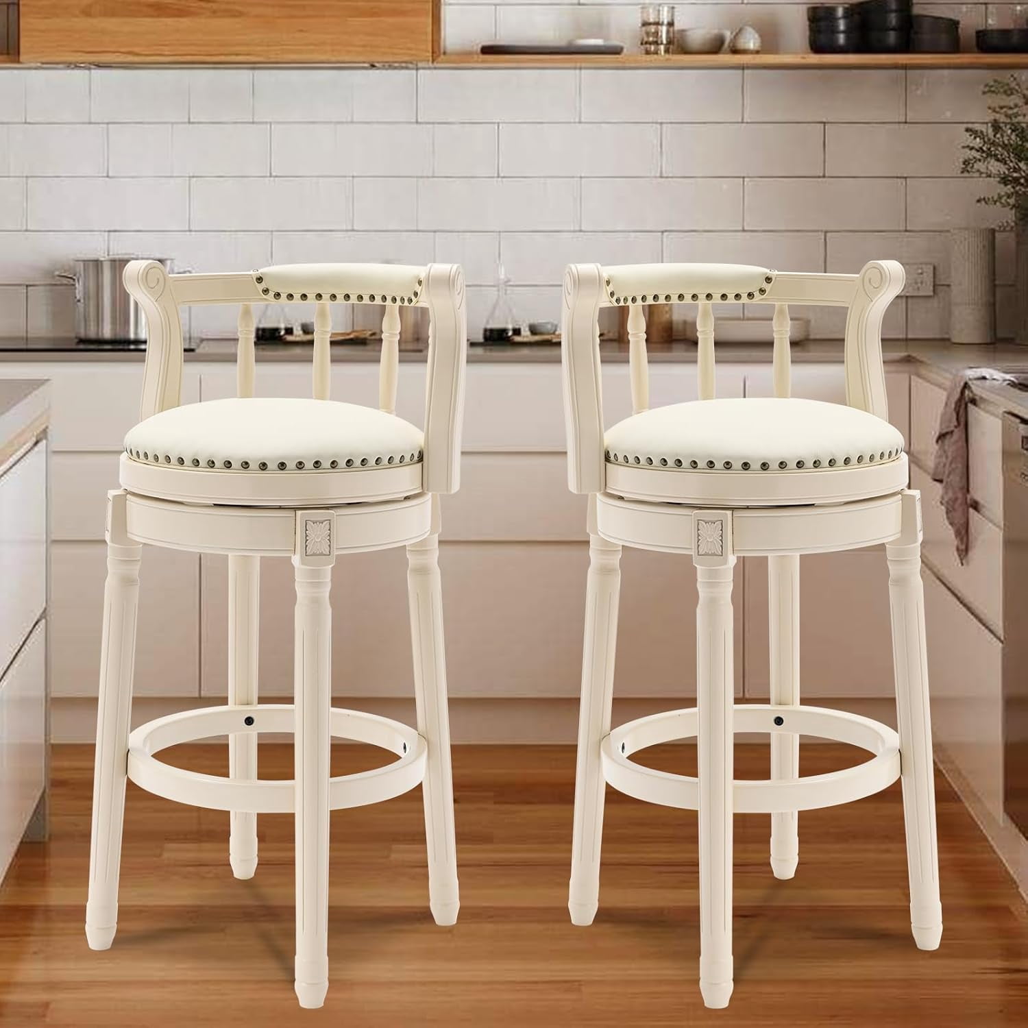 Aulife Bar Stools Genuine Leather Counter Height barstool Wooden Swivel kitchen Stool with Footrest for Kitchen Dining Room(ivory frame-Navy seat, Counter-29.5" seat height)