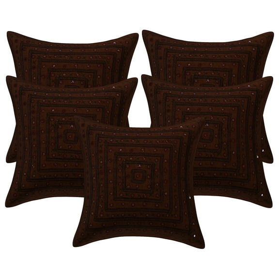 Stylo Culture Ethnic Settee Sofa Throw Pillow Covers 16x16 Embroidered Mirror Lace Dark Brown Bohemian 40cm x 40cm Living Room Cotton Geometric Square Cushion Covers | Set Of 5