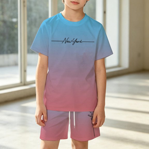 Boys Casual Outfit Elastic Waist Classic Shorts and Short Sleeves Sets Lightweight Soft Summer Kids Daily Wear Sky Blue Size 11-12 Years