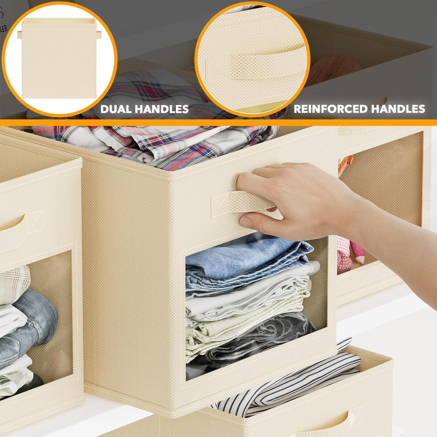 SpaceAid Storage Cubes with Clear Windows, Set of 6 Fabric Bins, 11 Inch, Beige