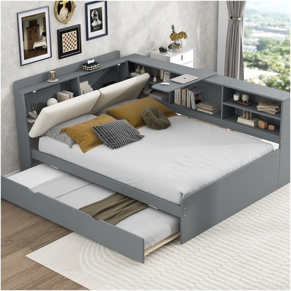 Full Size Platform Bed Frame with Pull Out Trundle and Storage Headboard, Rotating Tablet Holder, Solid Wood, Gray