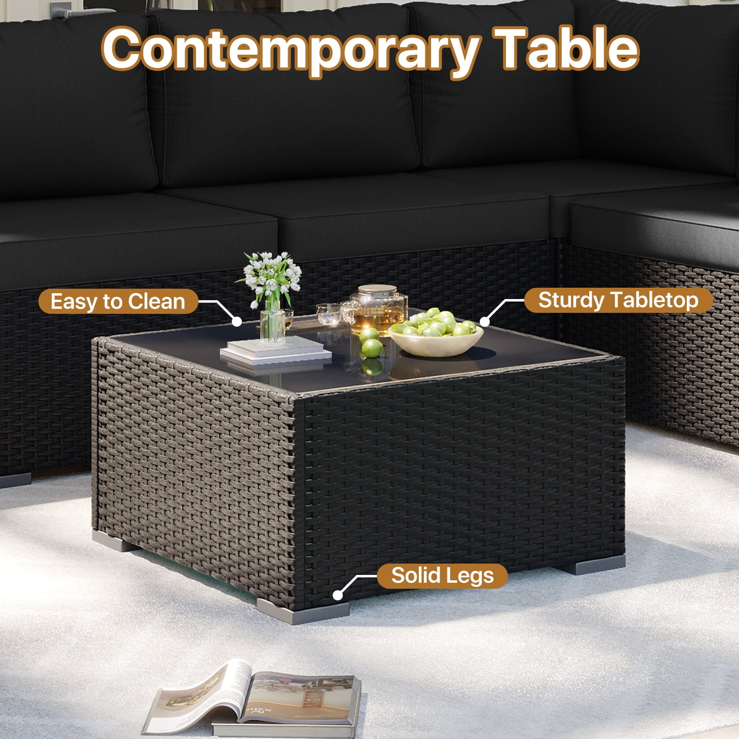 BaPiPro 7-Piece Outdoor Patio Furniture Set, Black Wicker Rattan Sectional Sofa with Black Cushions & Coffee Table, All-Weather for Backyard, Porch, Deck, Balcony