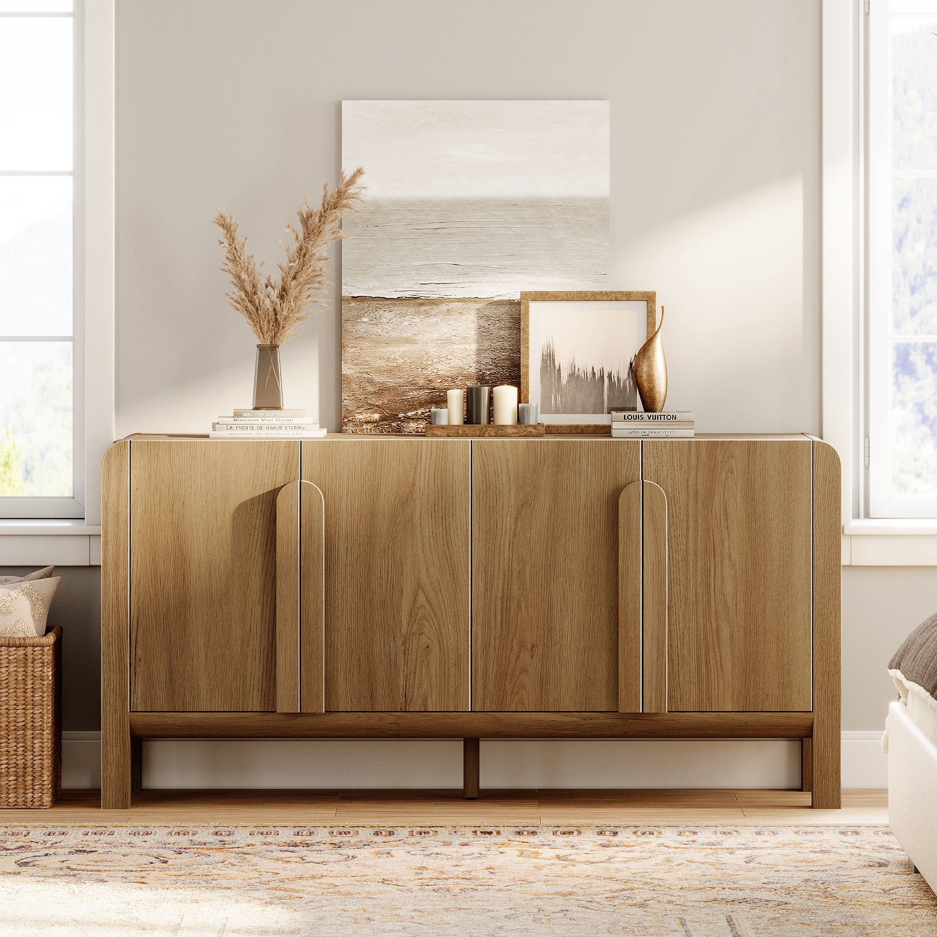 6 Drawer Dresser and Nightstand Sets for Bedroom, 4 Pcs Bedroom Set，Night Stand Set of 2, Modern Accent Chest with Curved Profile Design, Wooden Mid Century Storage Cabinet Set