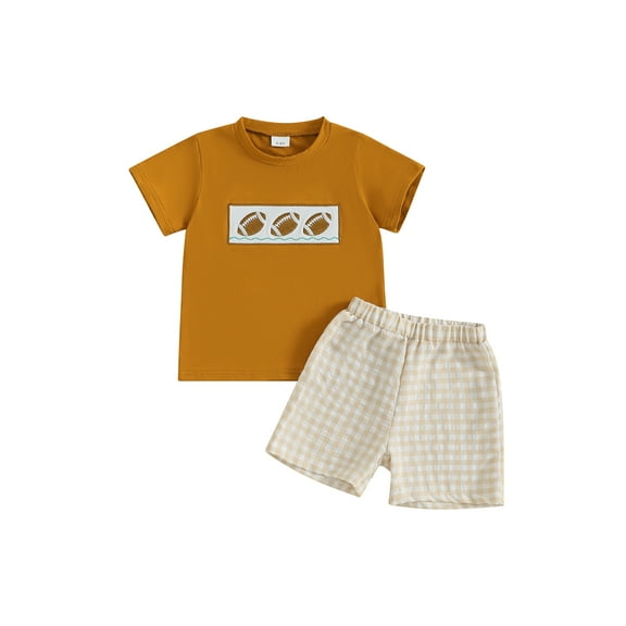 BemeyourBBs Baby Summer Outfits Football Short Sleeve T-Shirts Plaid Shorts