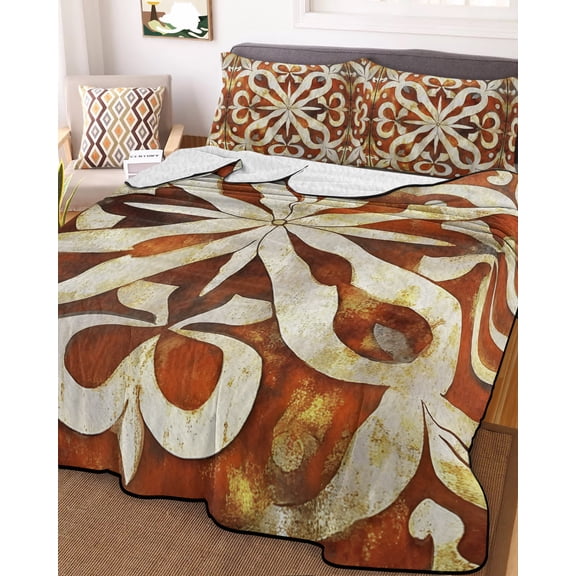 Burnt Orange Retro Full Size Down Alternative Comforter, Lightweight Comforter Quilt Bedding Set with Pillow Shams Ethnic Flowers Impressionist Art All Seasons Bed Comforter Duvet Insert 78"x90"