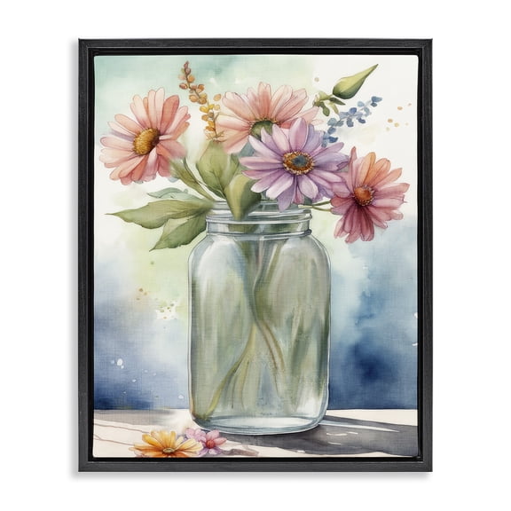 Stupell Industries Cottage Gerbera Daisies in Jar Black Floating Frame Canvas Art, 17 x 21, by Kim Allen
