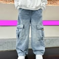 thumbnail image 2 of LIJCC Boys Multi-Pocket Denim Cargo Pants Kids Straight Wide Leg Elastic Waist Stretch Loose Casual Trendy Cargo Jeans, 2 of 7