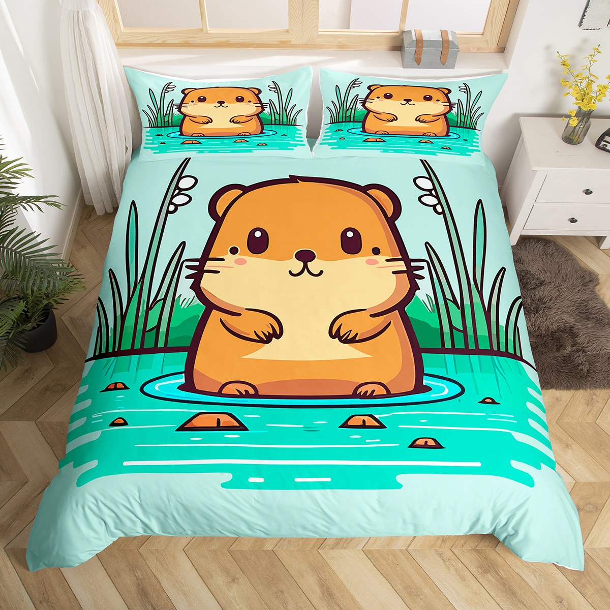 YST Kawaii Animal Bed Set Cute Capybara Duvet Cover, Brown Teal Bedding