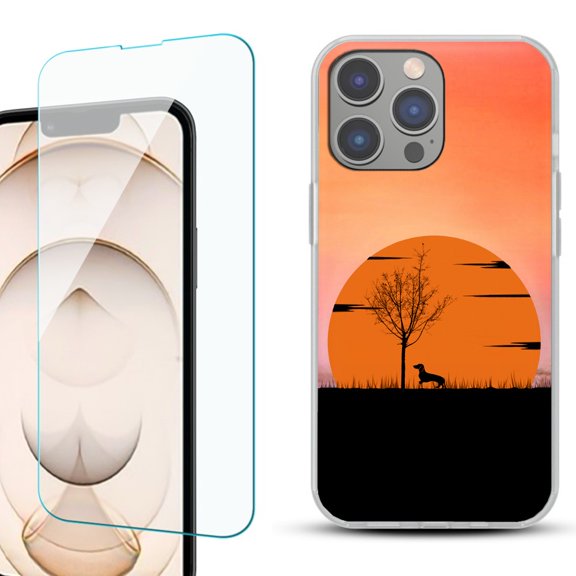 OneToughShield ® for iPhone 15 Pro Shockproof Phone Case, with Tempered Glass Screen Protector - Sunset Dachshund