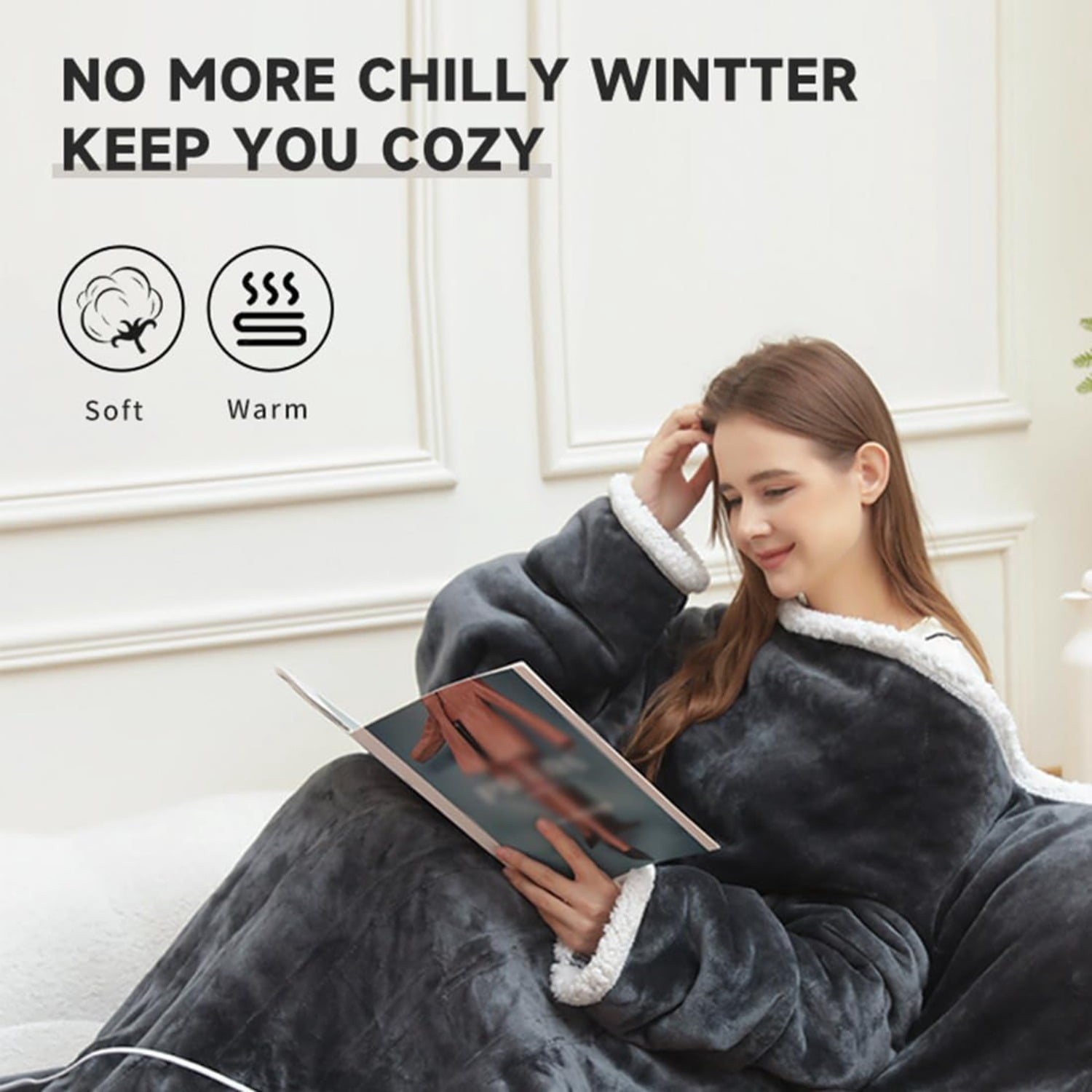 Wearable Heated Blanket with Foot Pocket, 52"x72" Electric Blanket with Sleeves – Flannel and Sherpa Wearable Blanket with 12 Hours Timer, 6 Heat Settings