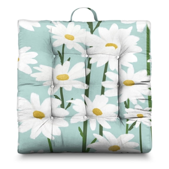 Boho Daisy and Butterfly Floor Cushion - 24" Oversized Square Seat, Full & Fluffy PP Cotton Filling, Daisy Print Aesthetic