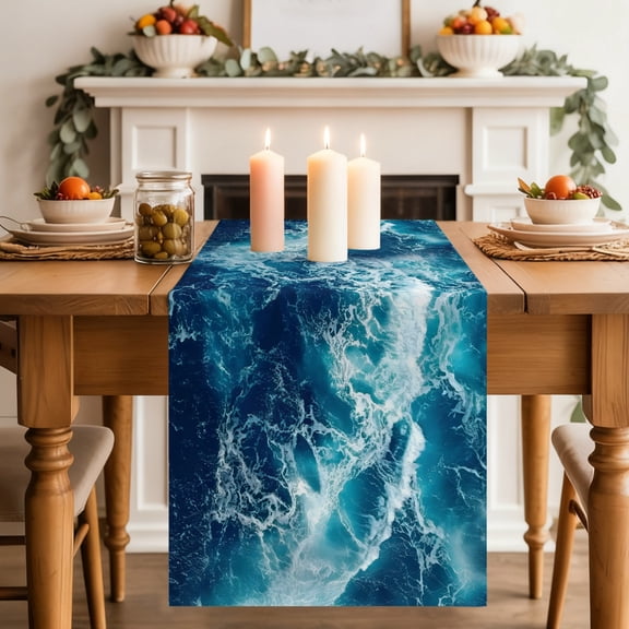 Ocean Waves Table Runner 16x72 Inch Modern Nautical Dark Blue Ocean Waves Cotton Linen Dining Table Runner Ideal for Dresser Kitchen Coffee Tables - Machine Washable