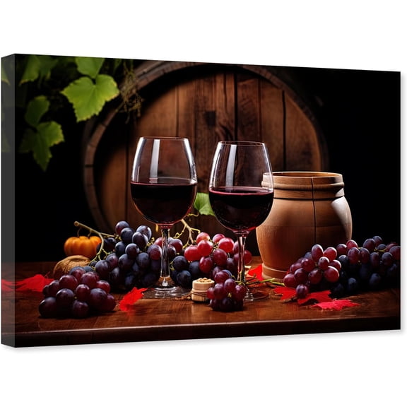 ZHONGYUTONG Wine Wall Art Canvas Kitchen Picture Wall Decor Red Grape Wine Barrel Print Painting for Bar Framed (12.00" x 18.00")