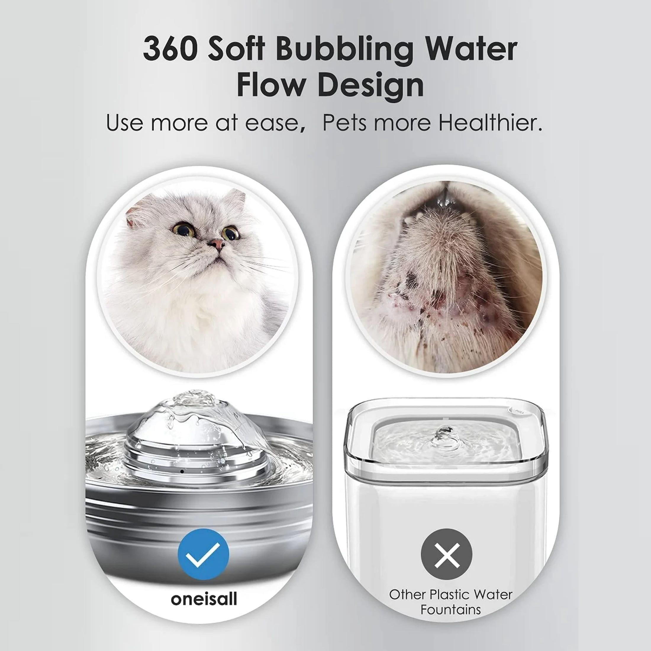 Oneisall CW-03 Cat Water Fountain 304 Stainless Steel, 2L/68oz Quiet Cat Fountain for Cats Drinking, Dual Filtration Cat Water Bowl for Kittens, Silver