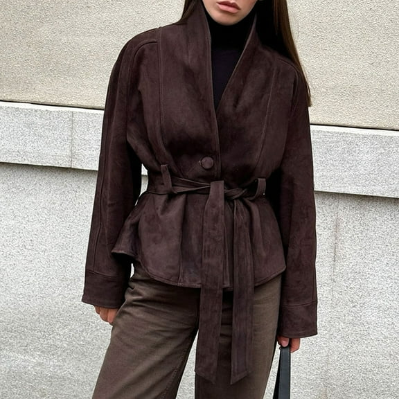 Pounoo Womens Faux Suede Jacket Button Down Belted Coats Suede Leather Long Sleeve Jacket with Belt