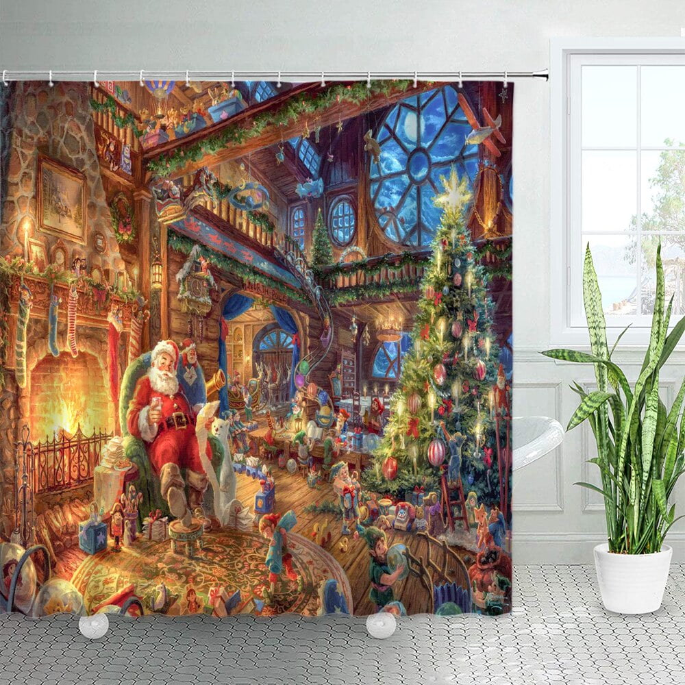 Funny Santa Claus Cat Dog Christmas Shower Curtains Retro Xmas House