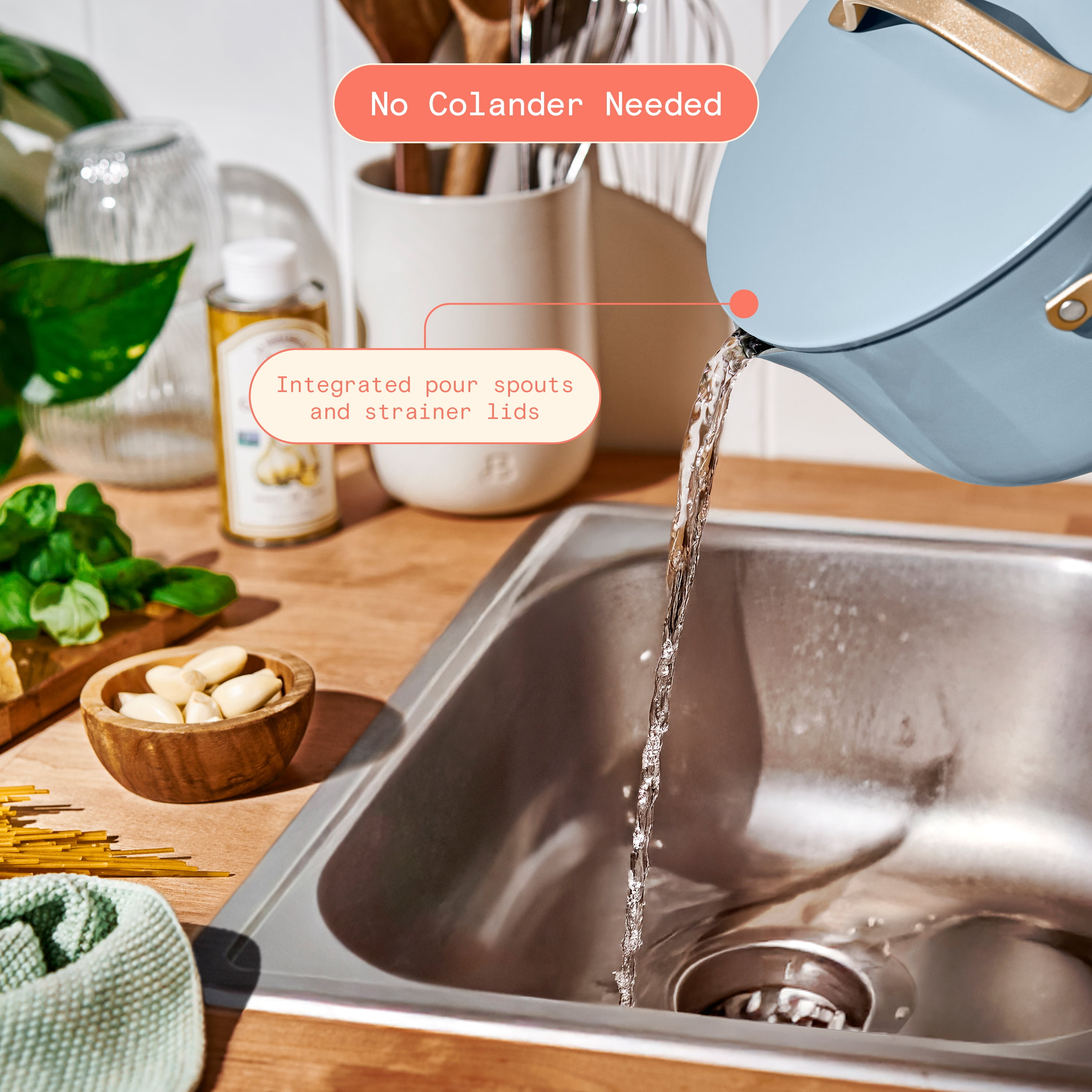 Beautiful 12-Piece Ceramic Nonstick Cookware Set, Pots and Pans with Strainer Lids, Cornflower Blue by Drew Barrymore