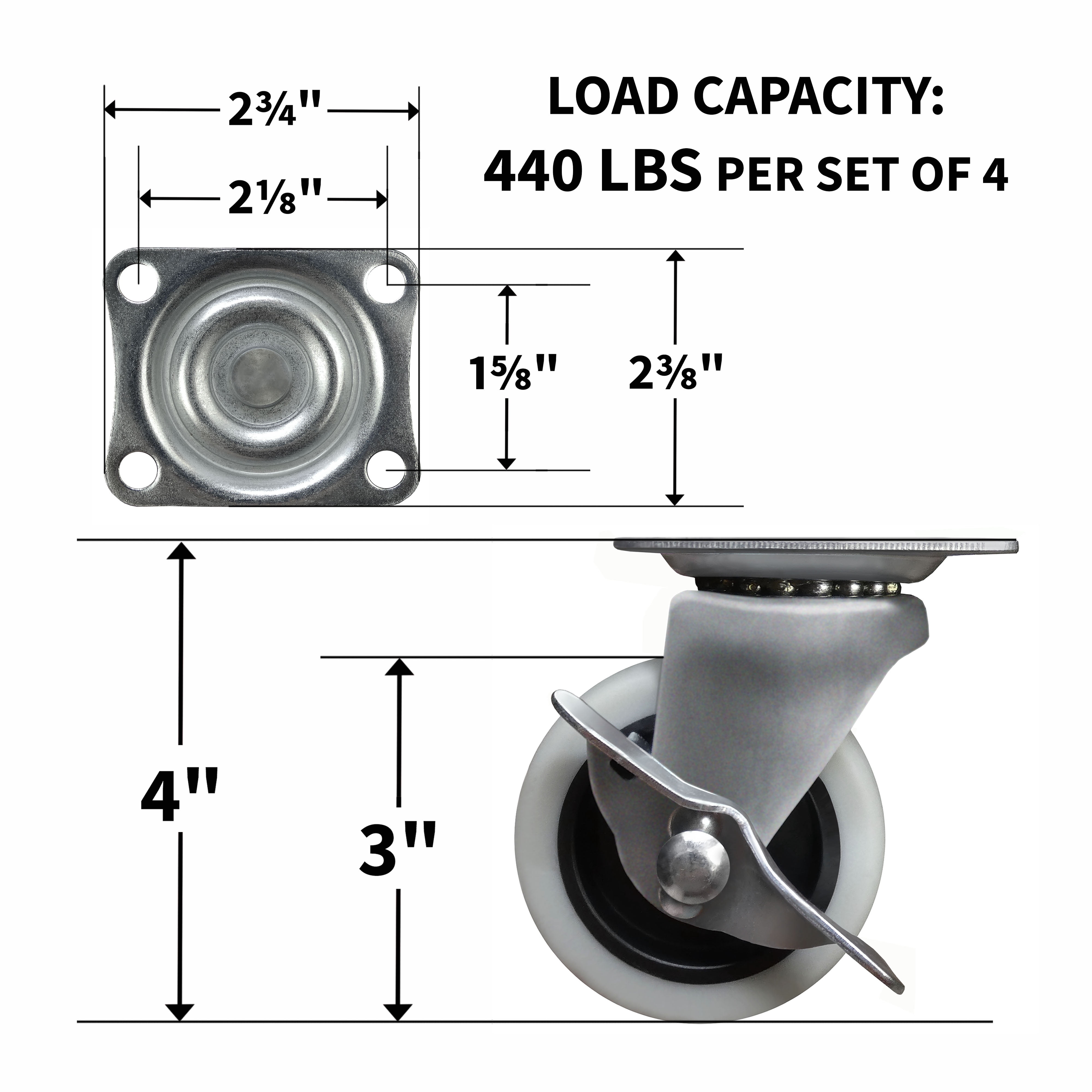 Super Sliders 3 inch Swivel Plate Caster with Side Brake 110 lb Load Capacity Thermoplastic Rubber (TPR), Non Marking - 1-Pack