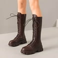 thumbnail image 2 of Rokment Vintage Platform Mid Calf Combat Boots for Women Mid Century Retro Leather Lace up Chunky Heeled Long Tall Dress Boots Brown Size 6.5, 2 of 6