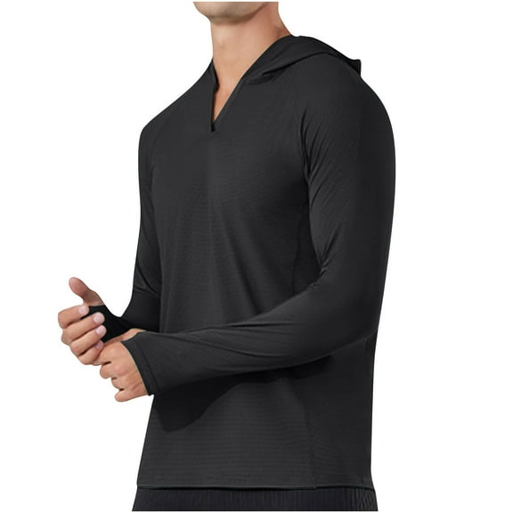 Mens Pullover Hoodies Lightweight Long Sleeve V Neck Sweatshirts Casual Solid Quick-Drying Athletic Workout Sports Hoodie Tops with Thumb-Hole