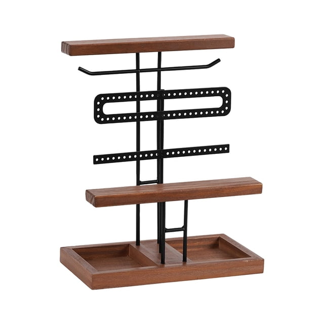 Organizador de joyas, almacenamiento de collares y pulseras con Base de madera, estante de almacenamiento para pendientes y anillos, bandeja de joyerí