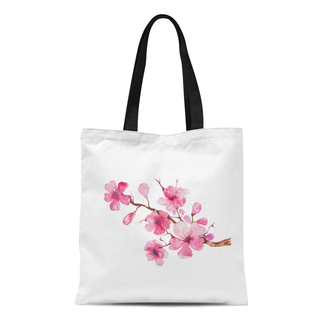 SIDONKU Canvas Tote Bag Tree Cherry Blossom Sakura Flowers Pink on Branch  Flat Reusable Shoulder Grocery Shopping Bags Handbag 