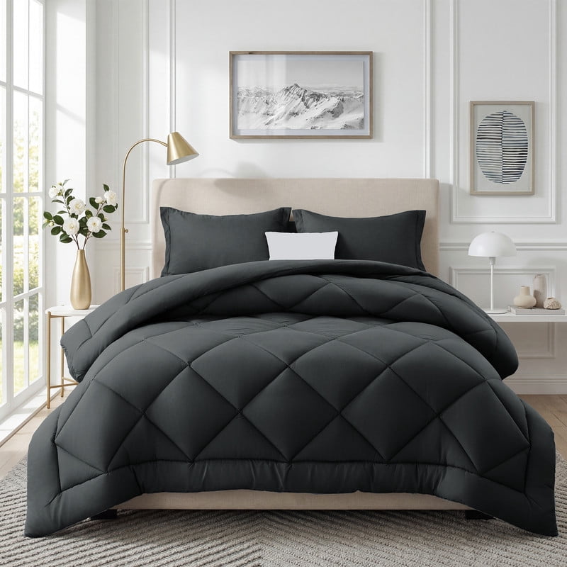 3 Pieces King Size Comforter Set, All Season Lightweight Breathable Bedding Set with 1 Down Alternative Comforter and 2 Pillowcases, Grey