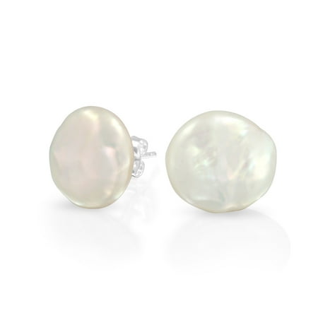 - Bridal White Biwa Coin Freshwater Cultured Pearl Stud Earrings For Women 925 Sterling Silver