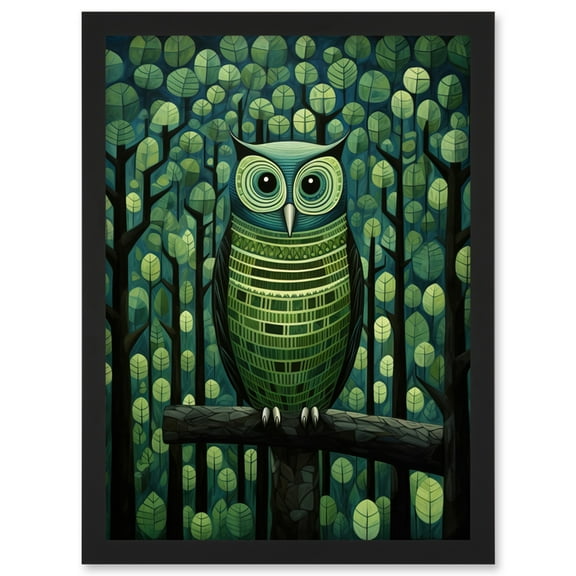 Sage Green Owl Illustration Perched in Geometric Forest Night Dusk Artwork Framed Wall Art Print A4