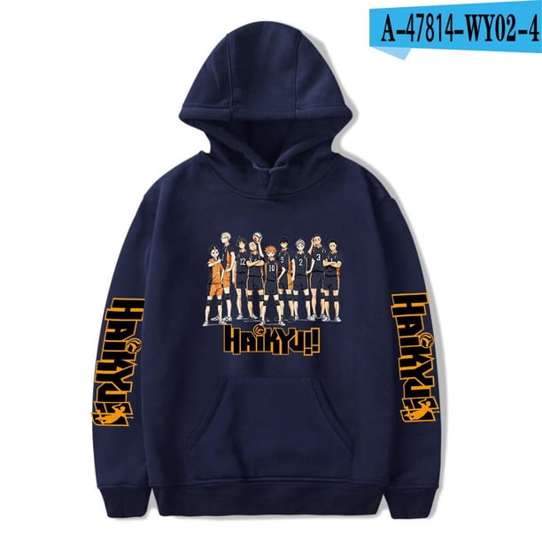 Haikyu!! Sudaderas con capucha de juego, chaqueta informal para niños y adultos, tallas para niños, jersey de Cosplay Hinata Shoyo, Jersey UnisexAzul oscuro BNiños160 Deng Xun unisex