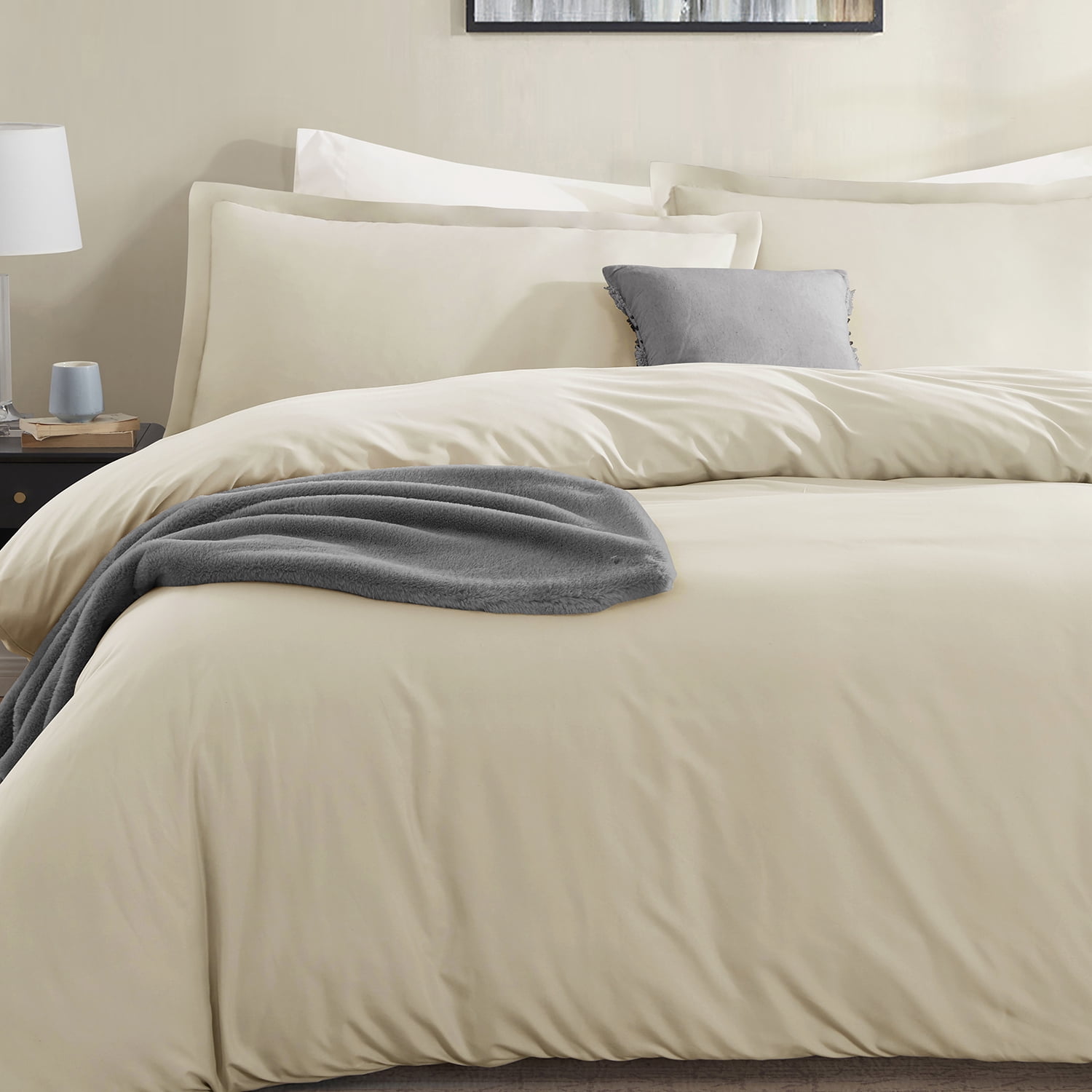Virtu 3pc Duvet Cover Set, Luxury Microfiber Bedding Set Full with 2 Pillow Sham, Beige cream