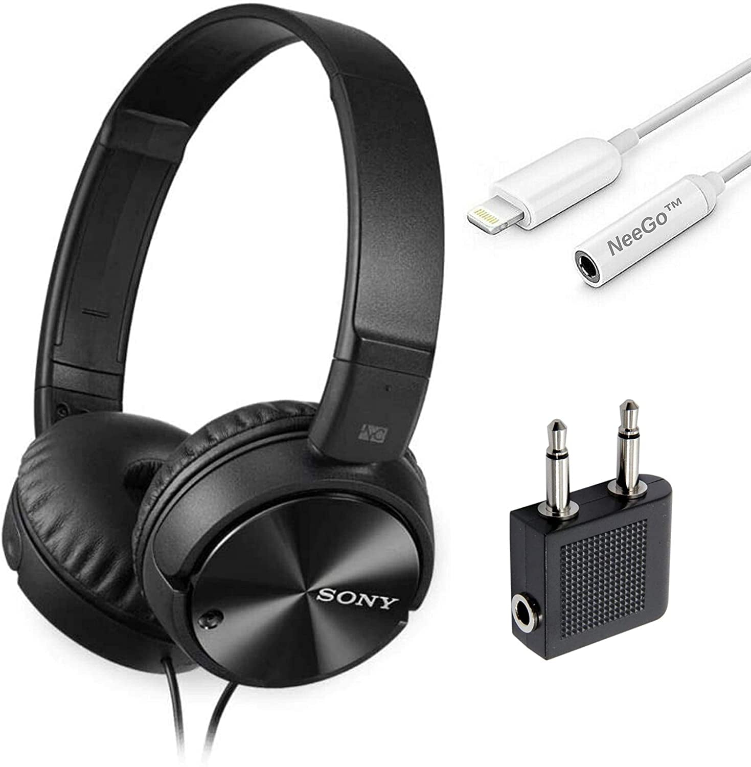 Sony Wired Noise Cancelling Stereo Headphones Black NeeGo 3.5mm Jack Converter for iPhone 