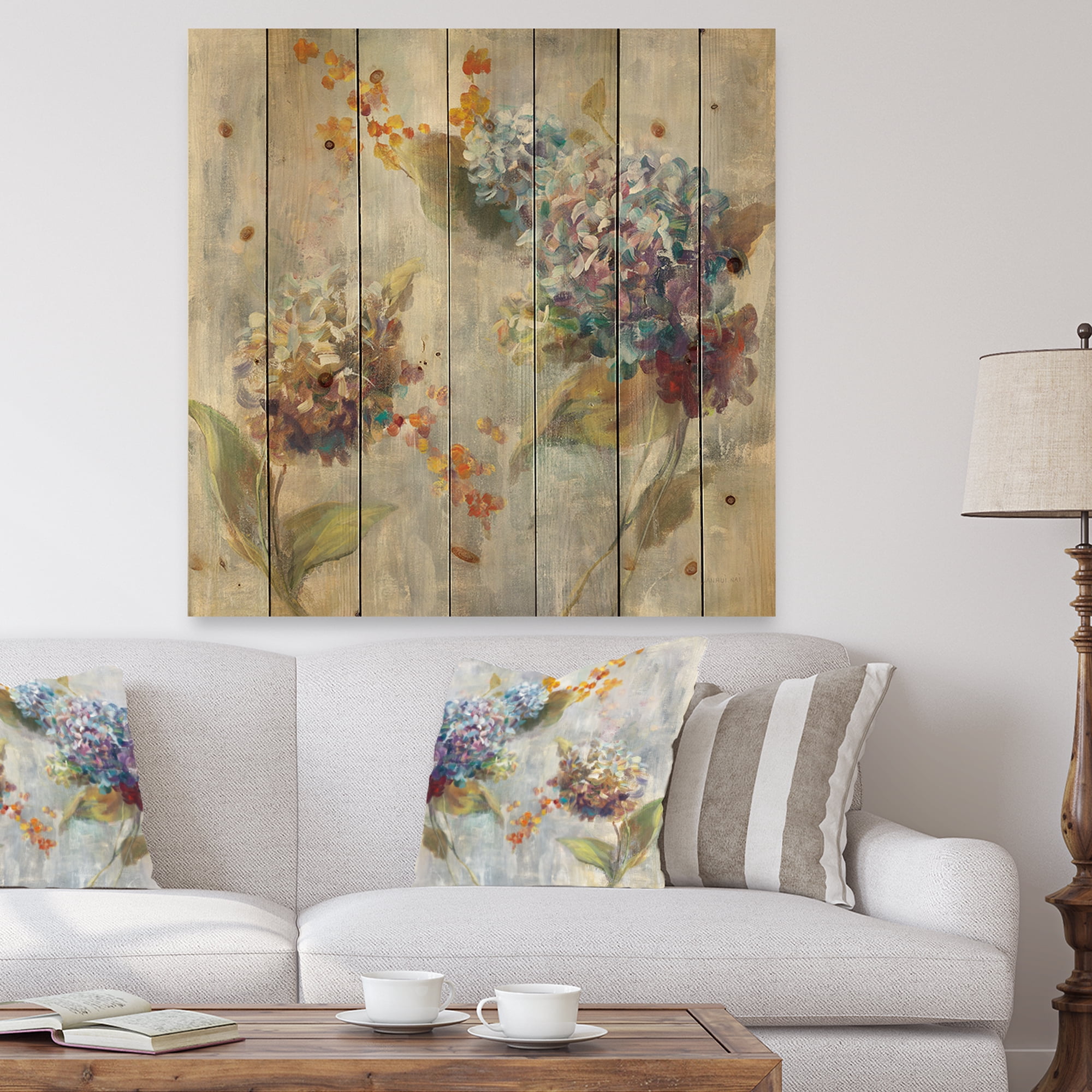 Designart 'Autumn Hydrangea Blue and Orange' Traditional Print on Natural Pine Wood