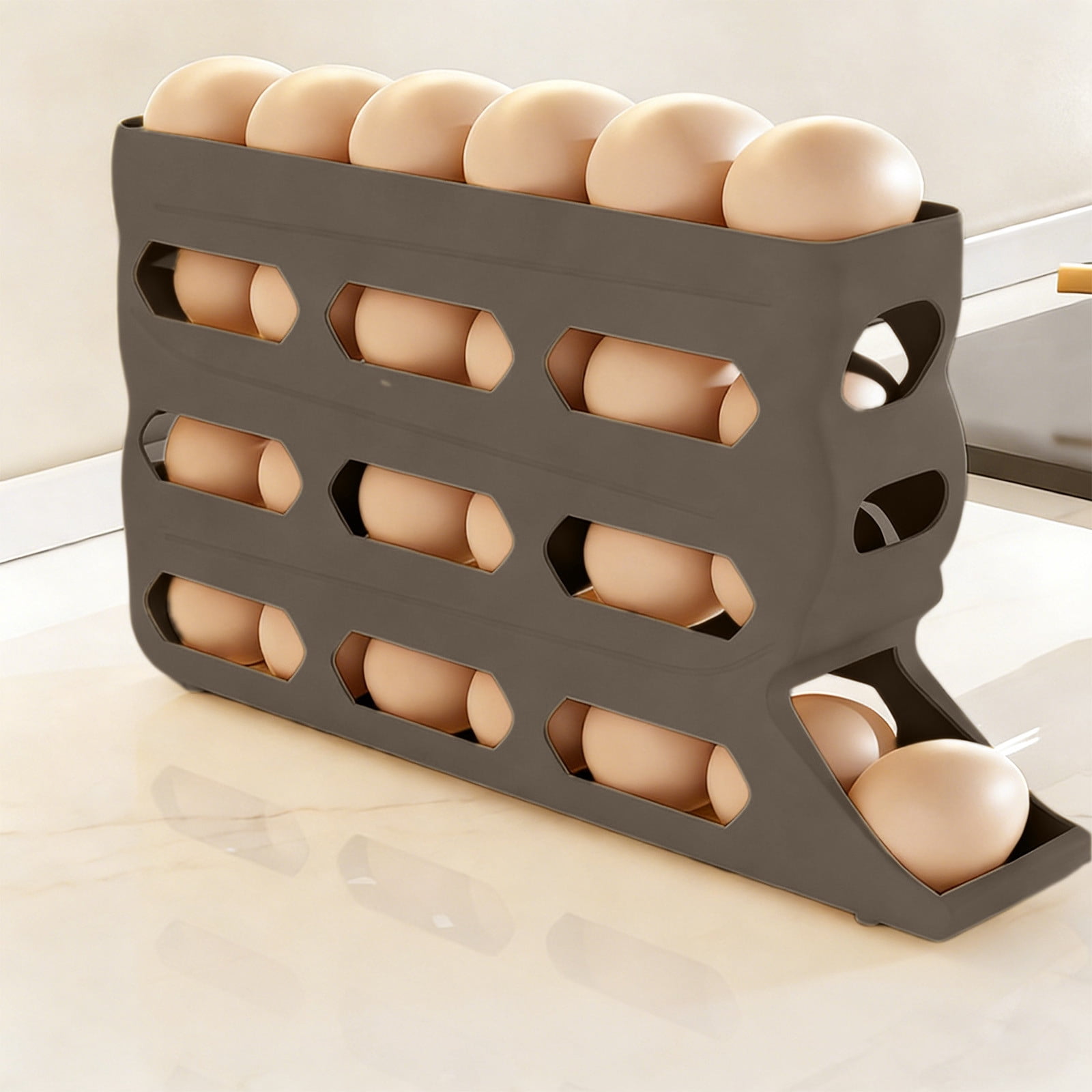 Votnto 30-Count Automatic Rolling Egg Dispenser, 4-Tier Refrigerator Egg Holder Organizer (White/Khaki/Gray)