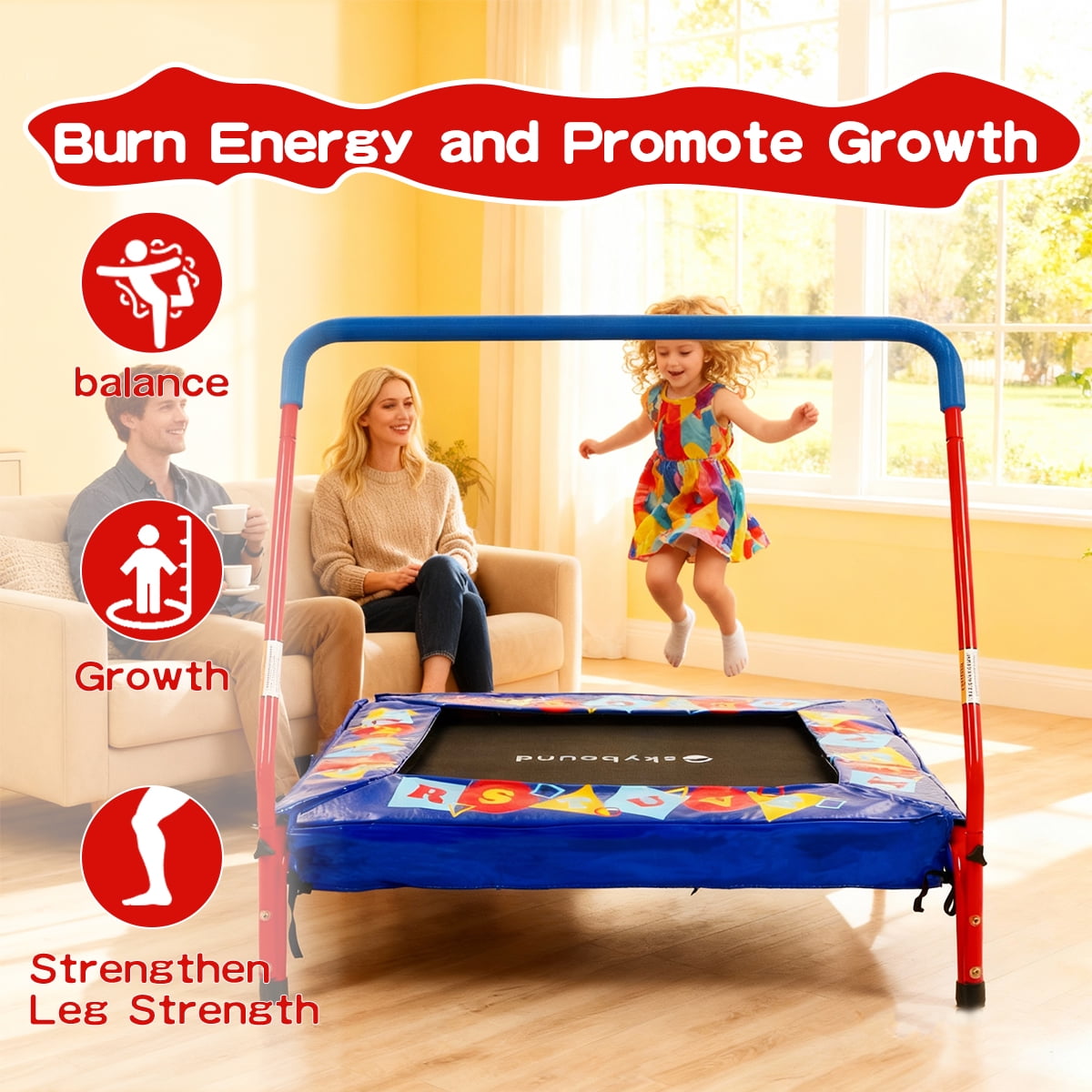 SkyBound 36" Rectangle Mini Trampoline with Handlebar, 4-Leg Stable Support, Blue+Red