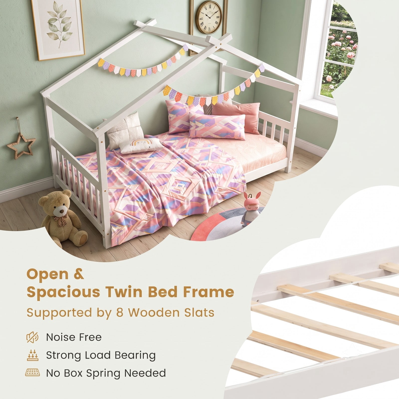 Furnibear Twin Size Wooden House Bed Frame with Roof and Half Rails for a Kids Boys and Girls Toddler Montessori Bedroom, White