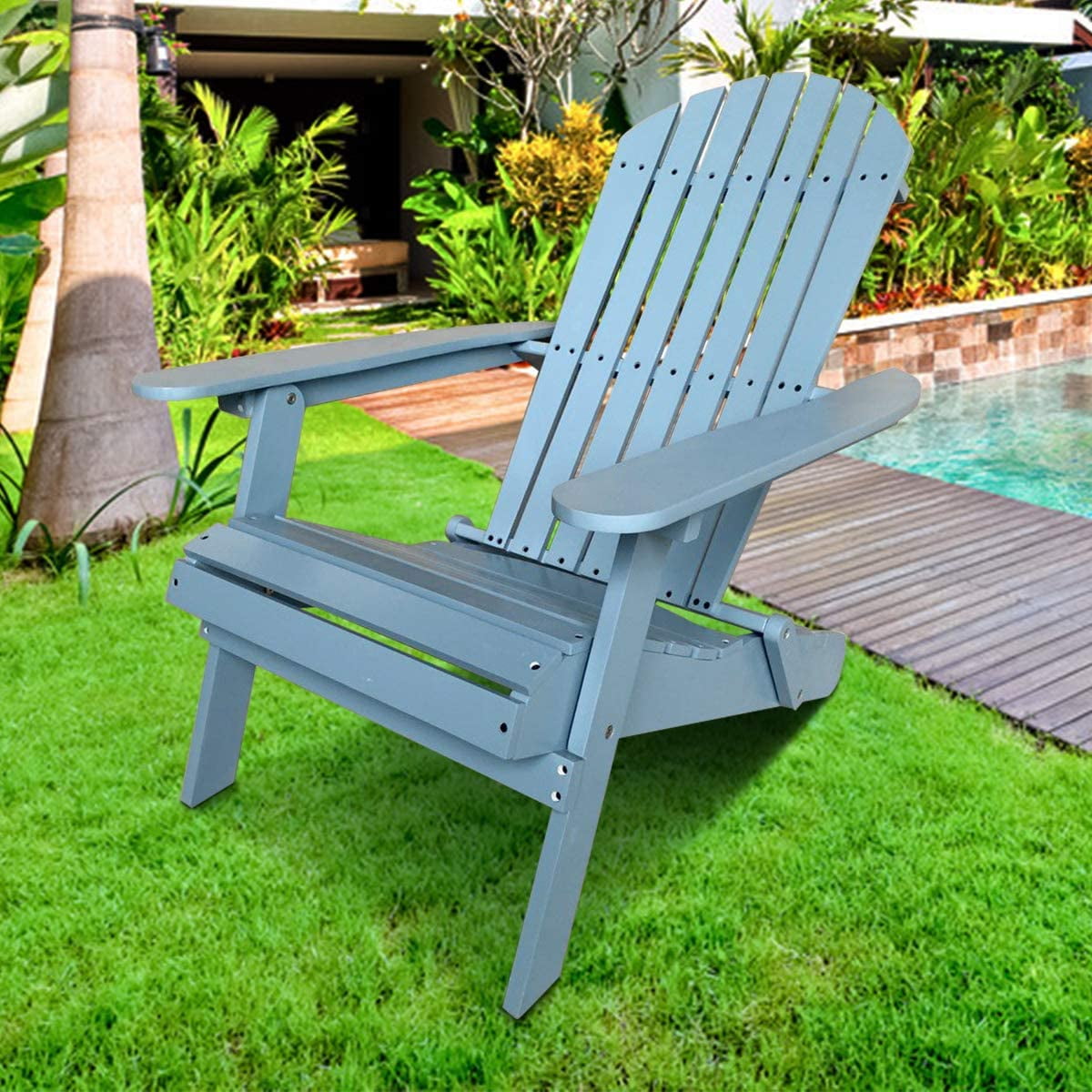 Folding Adirondack Chair Outdoor Patio Chairs Weather Resistant Plastic Fire Pit Chairs Wooden Adirondack Lounger Chair Accent Furniture for Garden Backyard, TURQUOISE